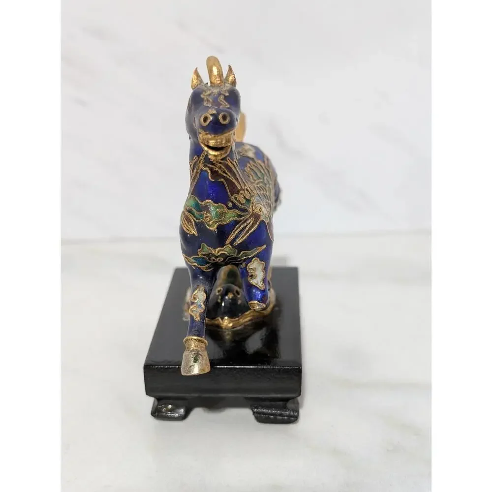 Decorative Cloisonné Horse Miniature Figurine on Black Enamel Wooden Base